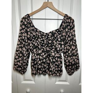 American Eagle Floral Chiffon Ruched Babydoll Top - Size S